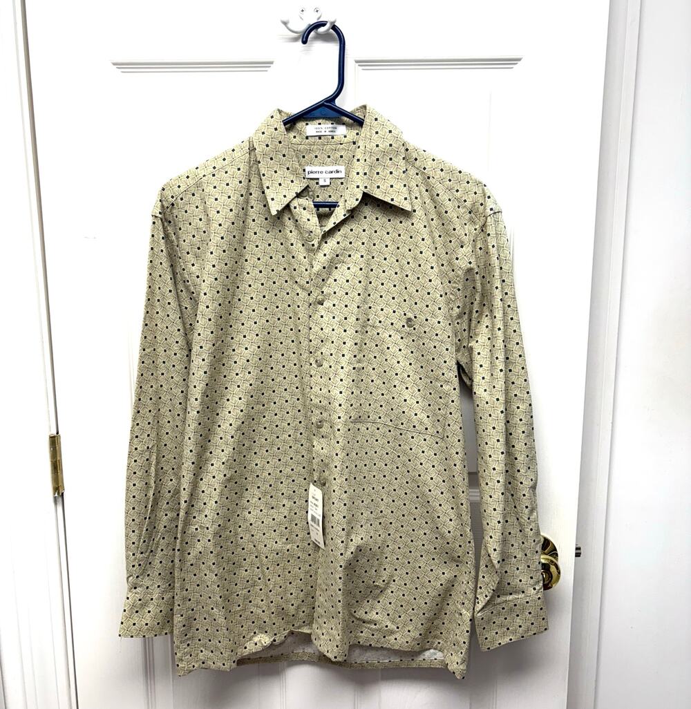Pierre Cardin Shirt Men's Button Down NWT, Beige and Black Pattern, Size S